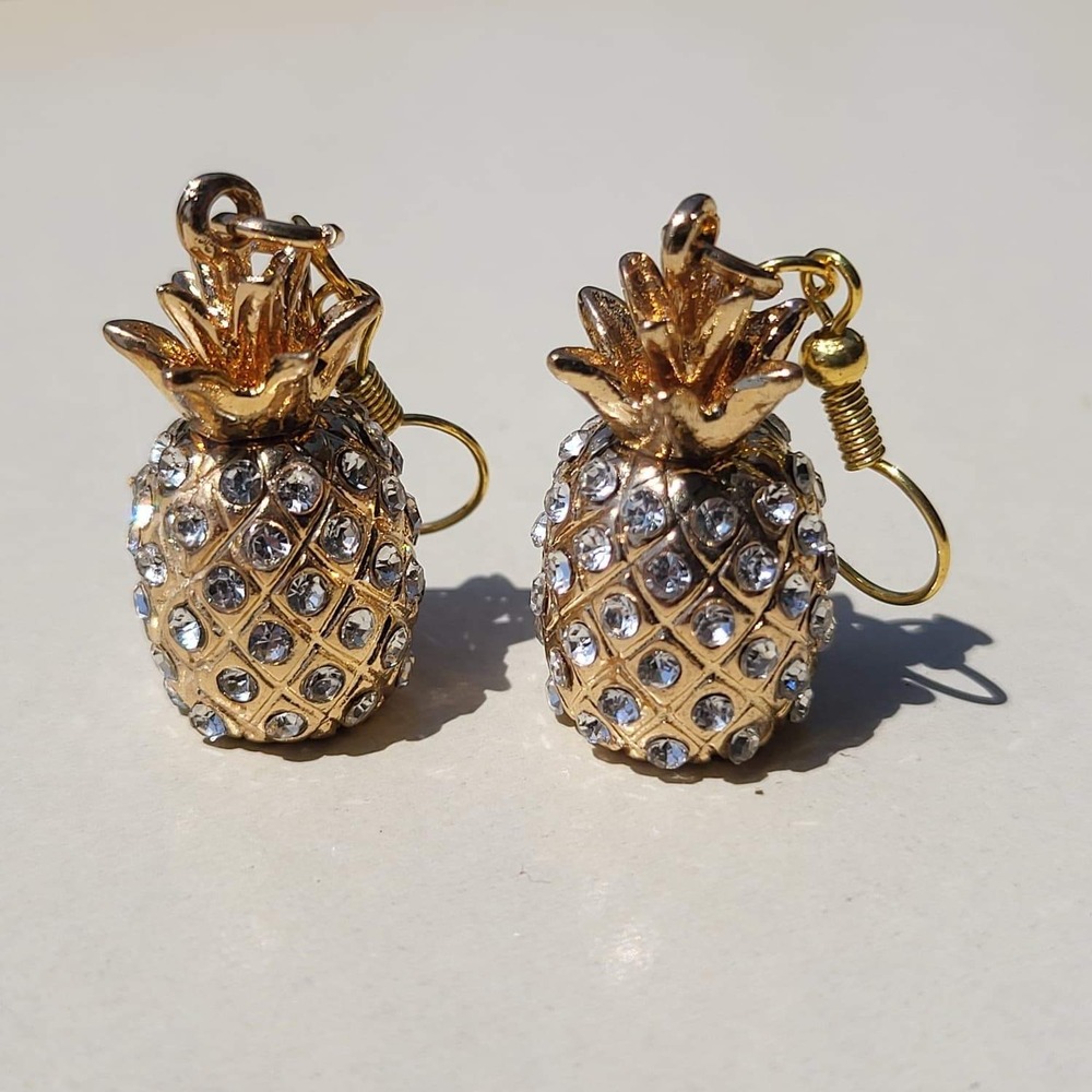 Gold Tone Rhinestone Pineapple Drop Earrings Gold Tropical Kitsch Dangle